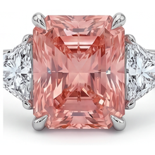 Peach Sapphire Engagement Ring 2.9 Carat Real Radiant Padparadscha and White Trilliant Three Stone Plain 14K Gold