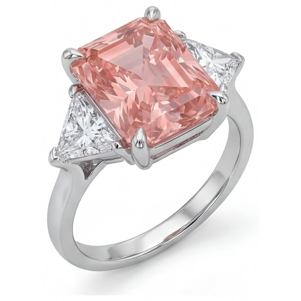 Peach Sapphire Engagement Ring 2.9 Carat Real Radiant Padparadscha and White Trilliant Three Stone Plain 14K Gold