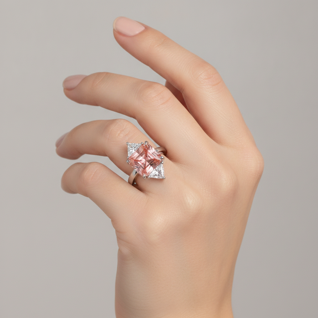 Peach Sapphire Engagement Ring 2.9 Carat Real Radiant Padparadscha and White Trilliant Three Stone Plain 14K Gold