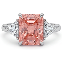Peach Sapphire Engagement Ring 2.9 Carat Real Radiant Padparadscha and White Trilliant Three Stone Plain 14K Gold