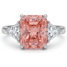 Peach Sapphire Engagement Ring 2.9 Carat Real Radiant Padparadscha and White Trilliant Three Stone Plain 14K Gold