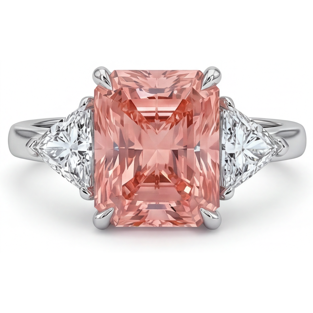 Peach Sapphire Engagement Ring 2.9 Carat Real Radiant Padparadscha and White Trilliant Three Stone Plain 14K Gold
