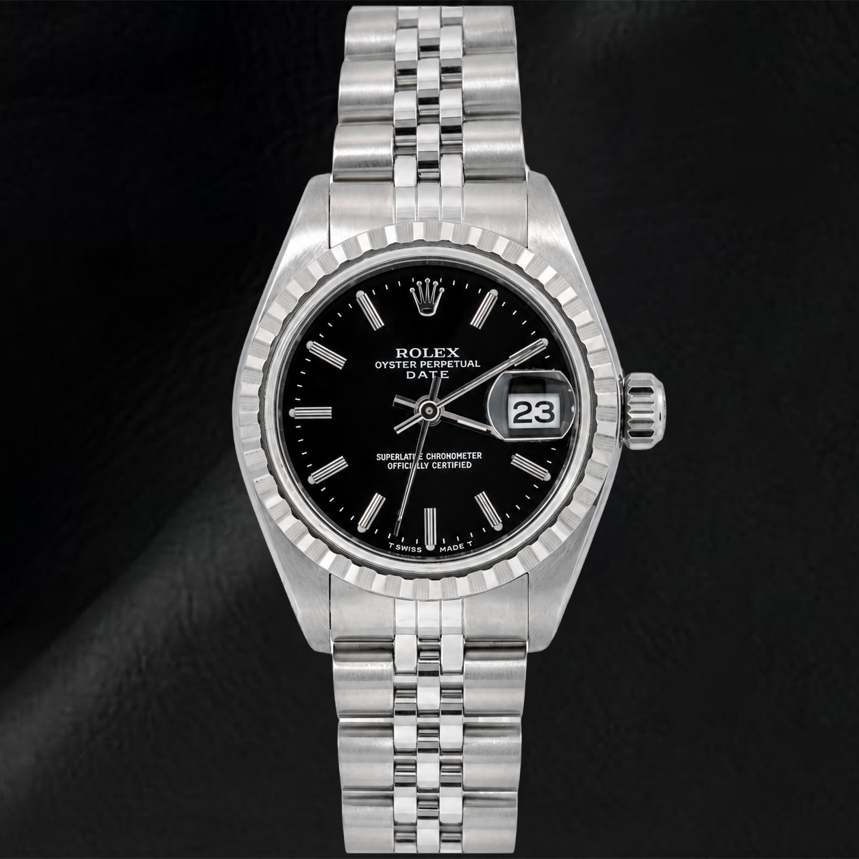 Rolex Date 6924 26mm Black Stick Dial Stainless Steel Jubilee Bracelet Watch
