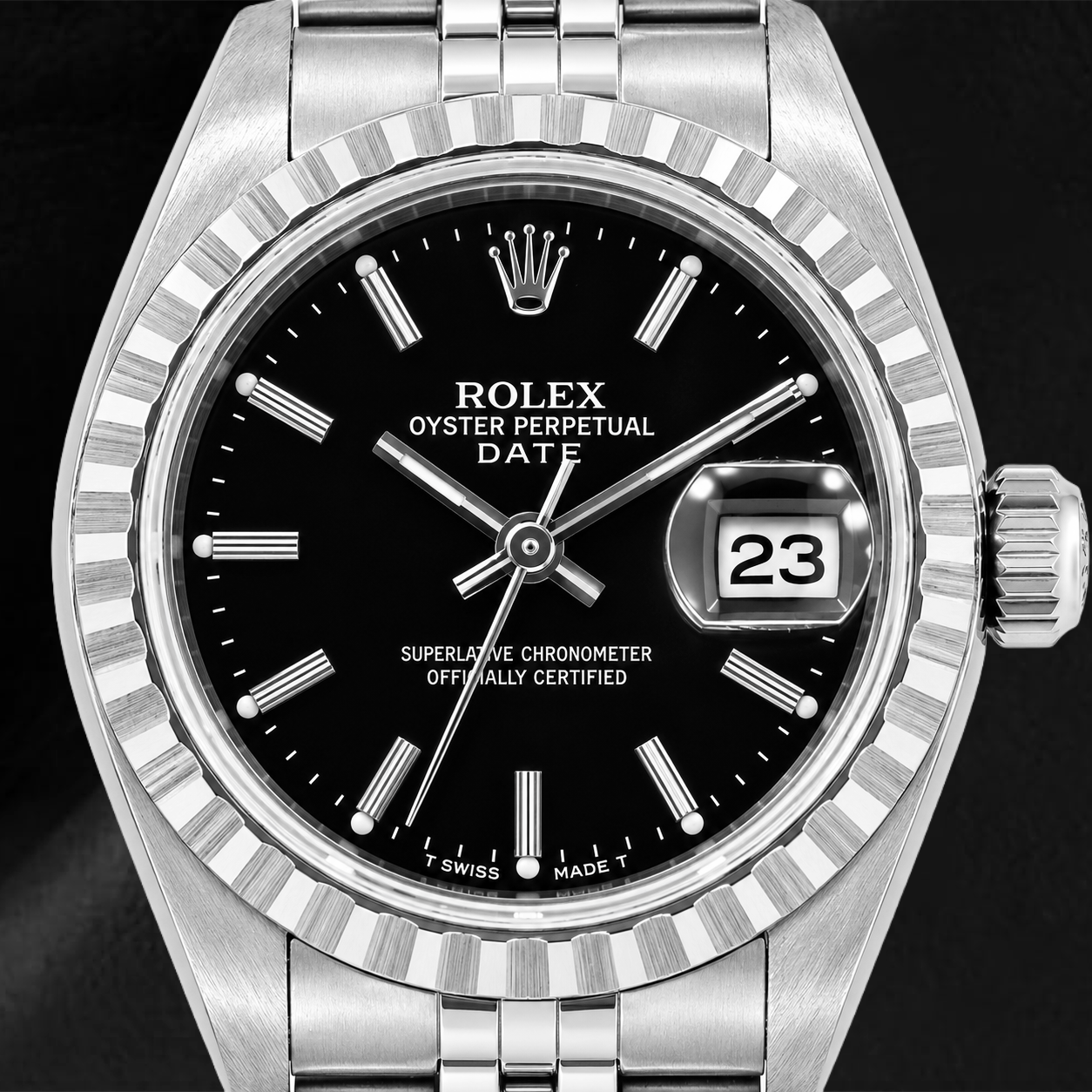 Rolex Date 6924 26mm Black Stick Dial Stainless Steel Jubilee Bracelet Watch