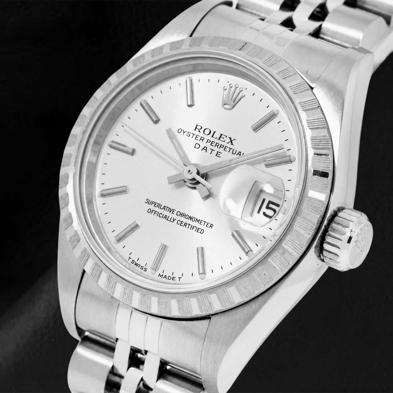 Rolex Date 6924 26mm Silver Stick Dial Stainless Steel Jubilee Bracelet Watch