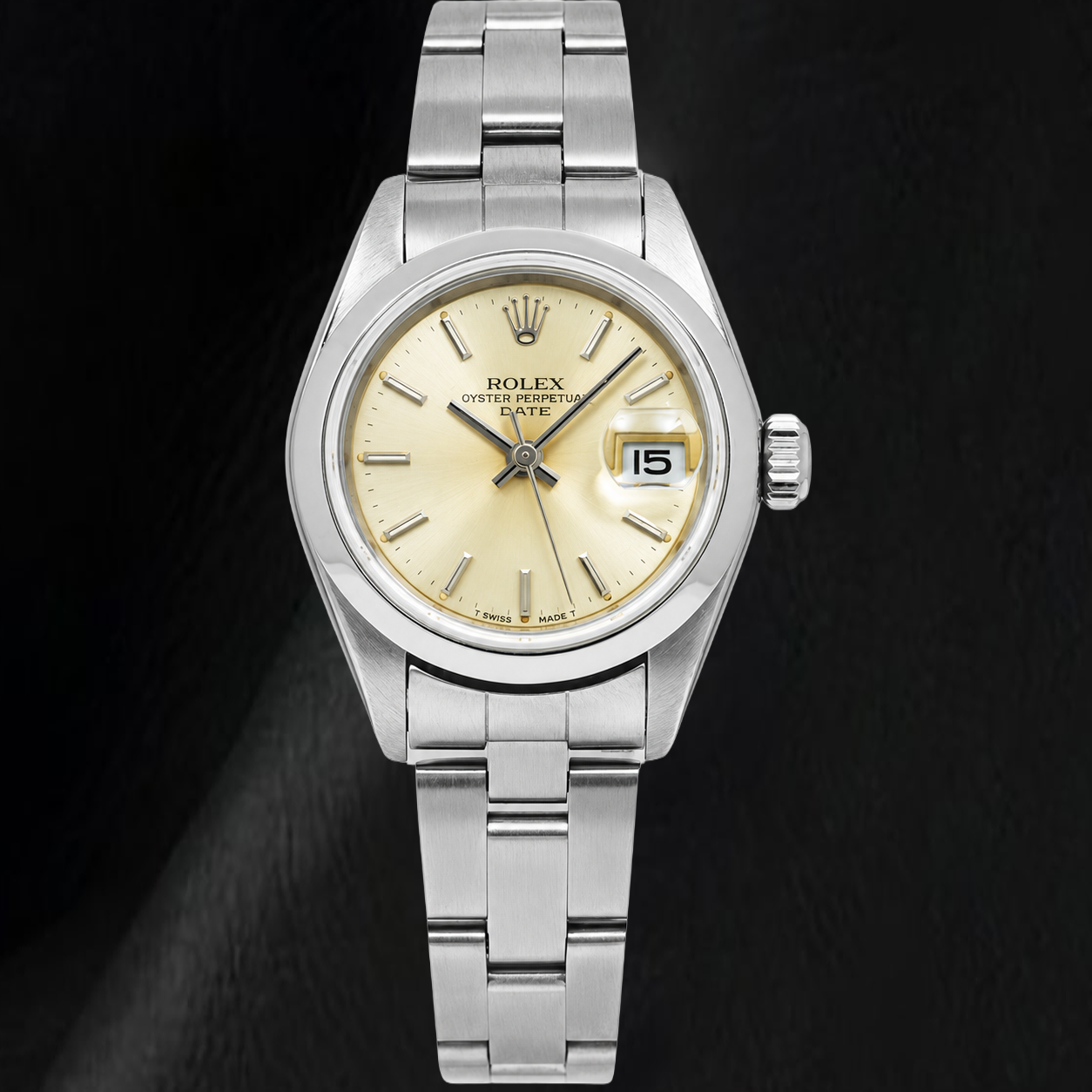 Rolex Date 79160 26mm Champagne Stick Dial Smooth Bezel Stainless Steel Watch
