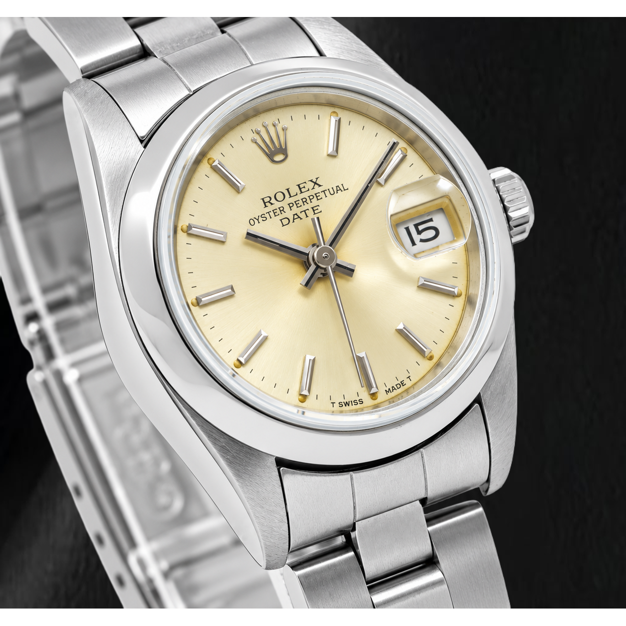 Rolex Date 79160 26mm Champagne Stick Dial Smooth Bezel Stainless Steel Watch