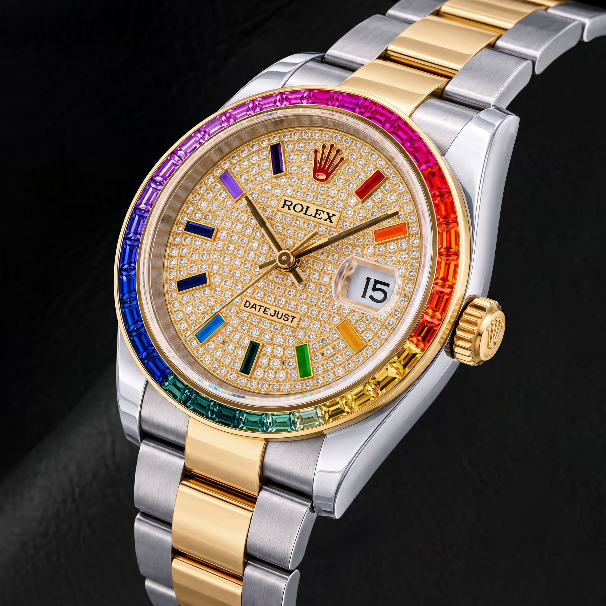 Rolex Datejust 116203 36mm Diamond Paved Rainbow Eastern Arabic Dial Two Tone Watch