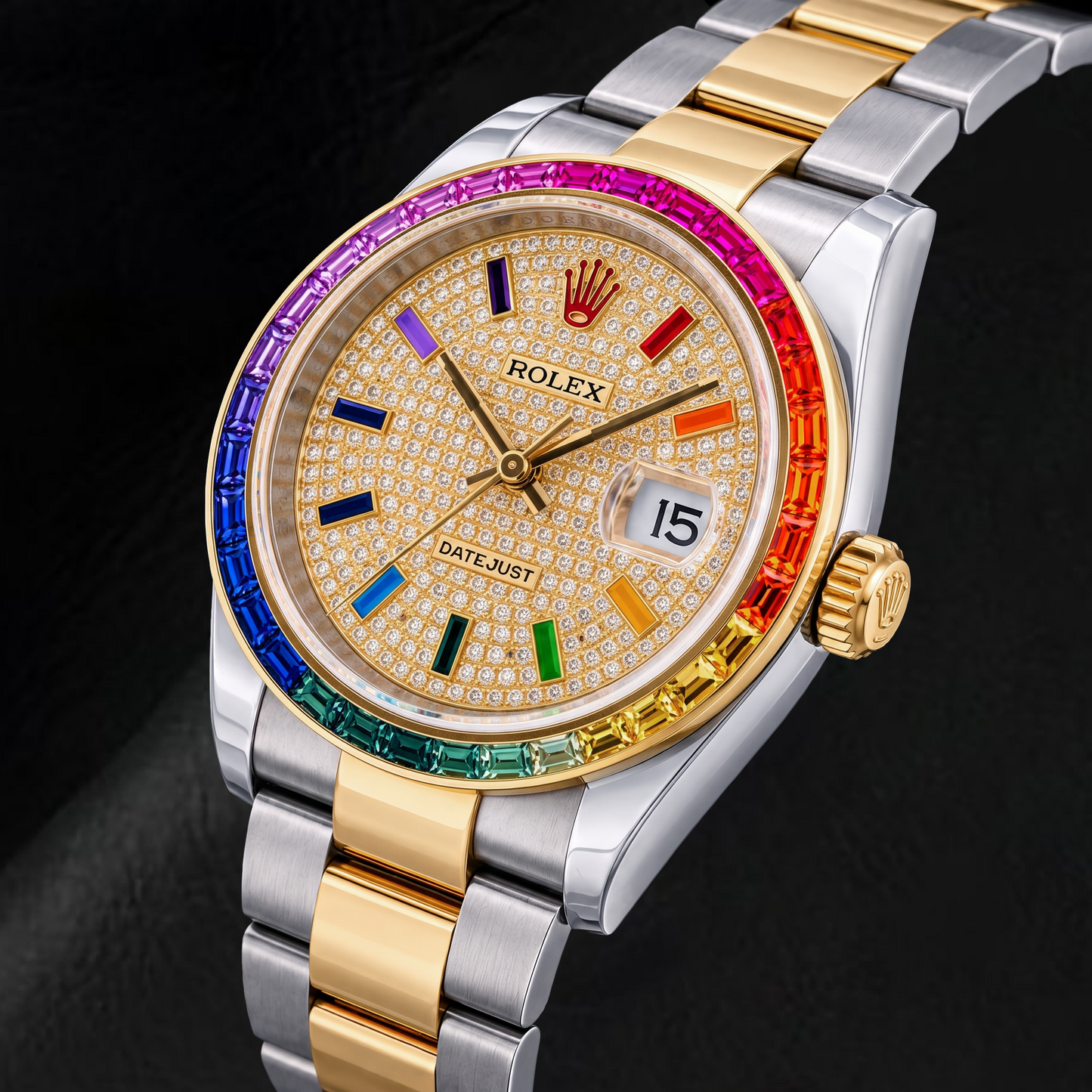 Rolex Datejust 116203 36mm Diamond Paved Rainbow Eastern Arabic Dial Two Tone Watch