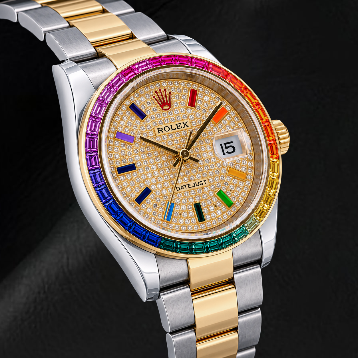 Rolex Datejust 116203 36mm Diamond Paved Rainbow Eastern Arabic Dial Two Tone Watch