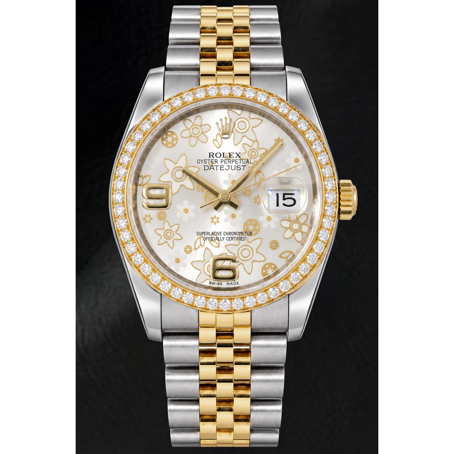 Rolex Datejust 116243 36mm Silver Floral Arabic Dial Two Tone Watch