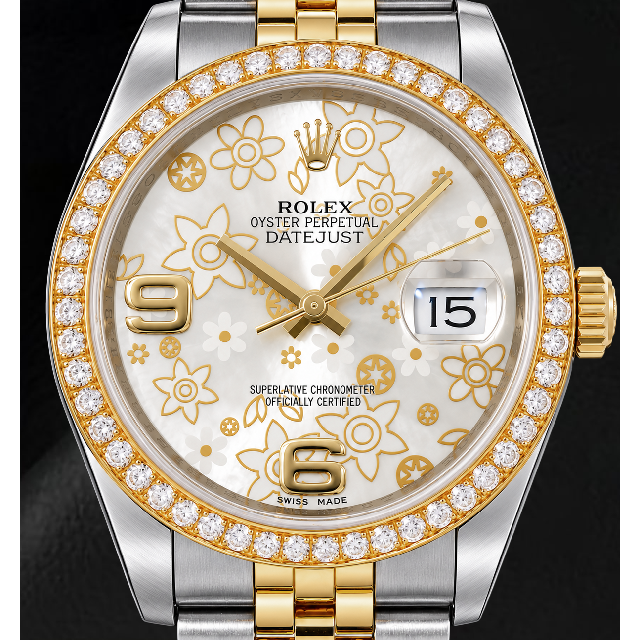 Rolex Datejust 116243 36mm Silver Floral Arabic Dial Two Tone Watch