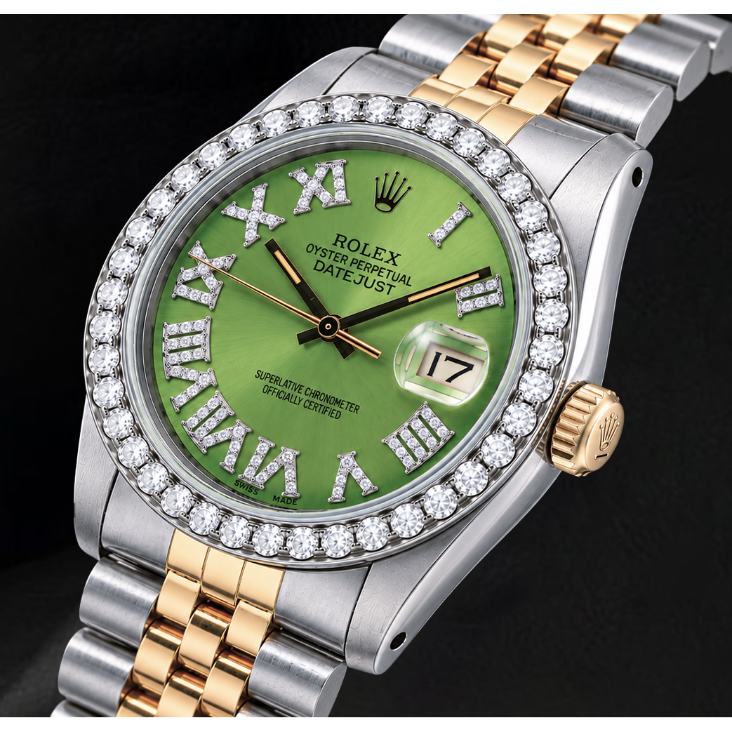 Rolex Datejust 1601 36mm Green Roman Diamond Dial Two Tone Watch