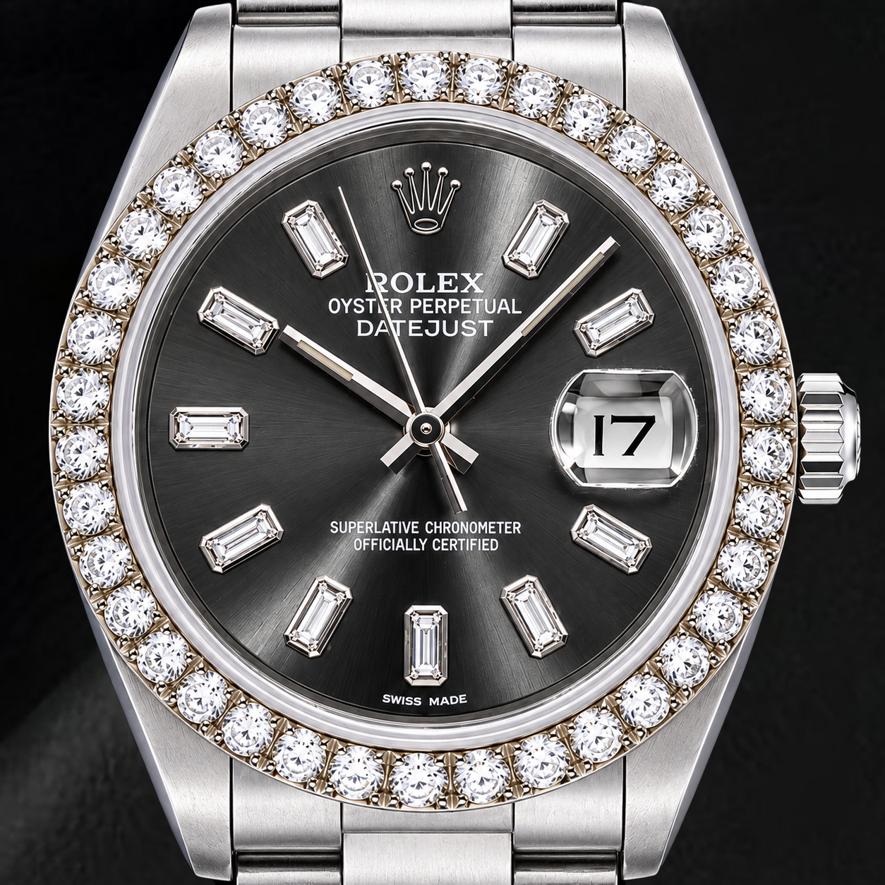 Rolex Datejust 16014 36mm Gray Baguette Diamond Dial Stainless Steel Watch