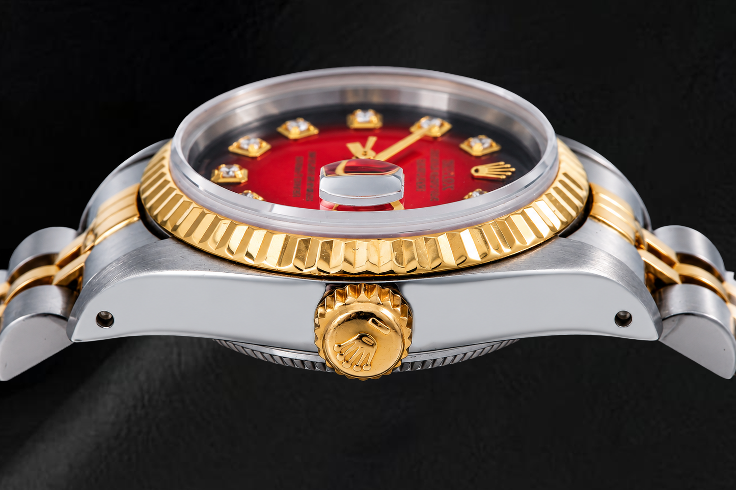 Rolex Datejust 26mm 69173 Red Diamond Dial Fluted Bezel Two Tone Watch