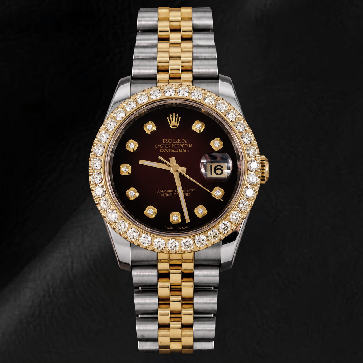 Rolex Datejust 36mm 116233 Red Diamond Dial Diamond Bezel Two Tone Watch