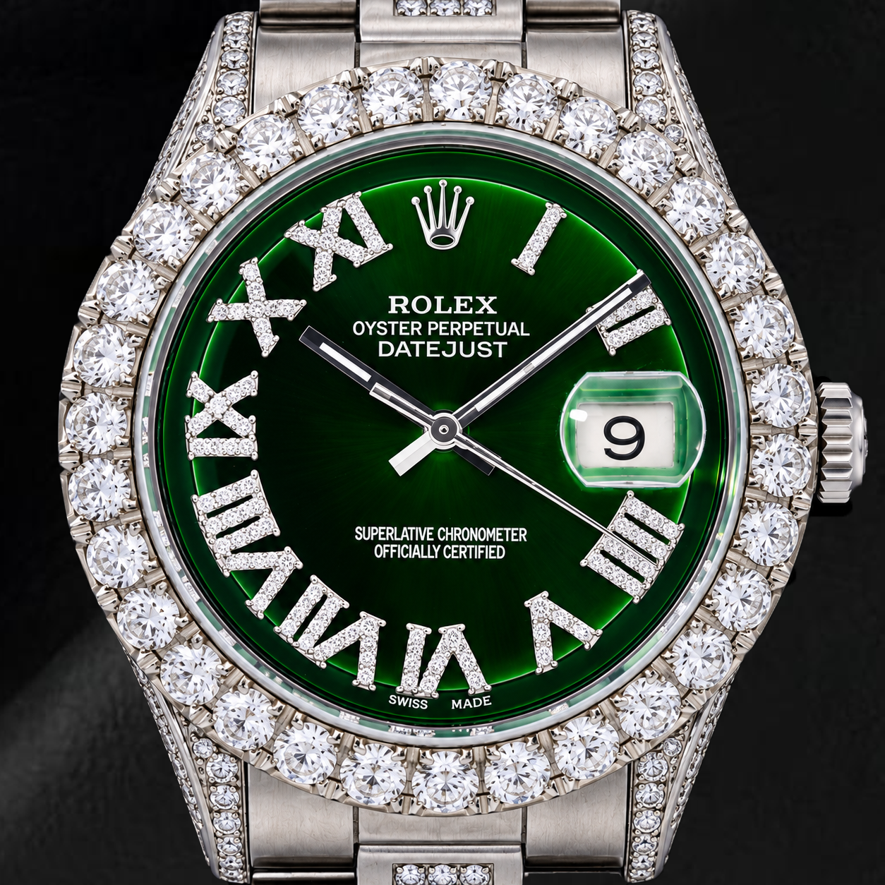 Rolex Datejust 36mm 6605 Green Roman Diamond Dial Diamond Bezel Stainless Steel Watch