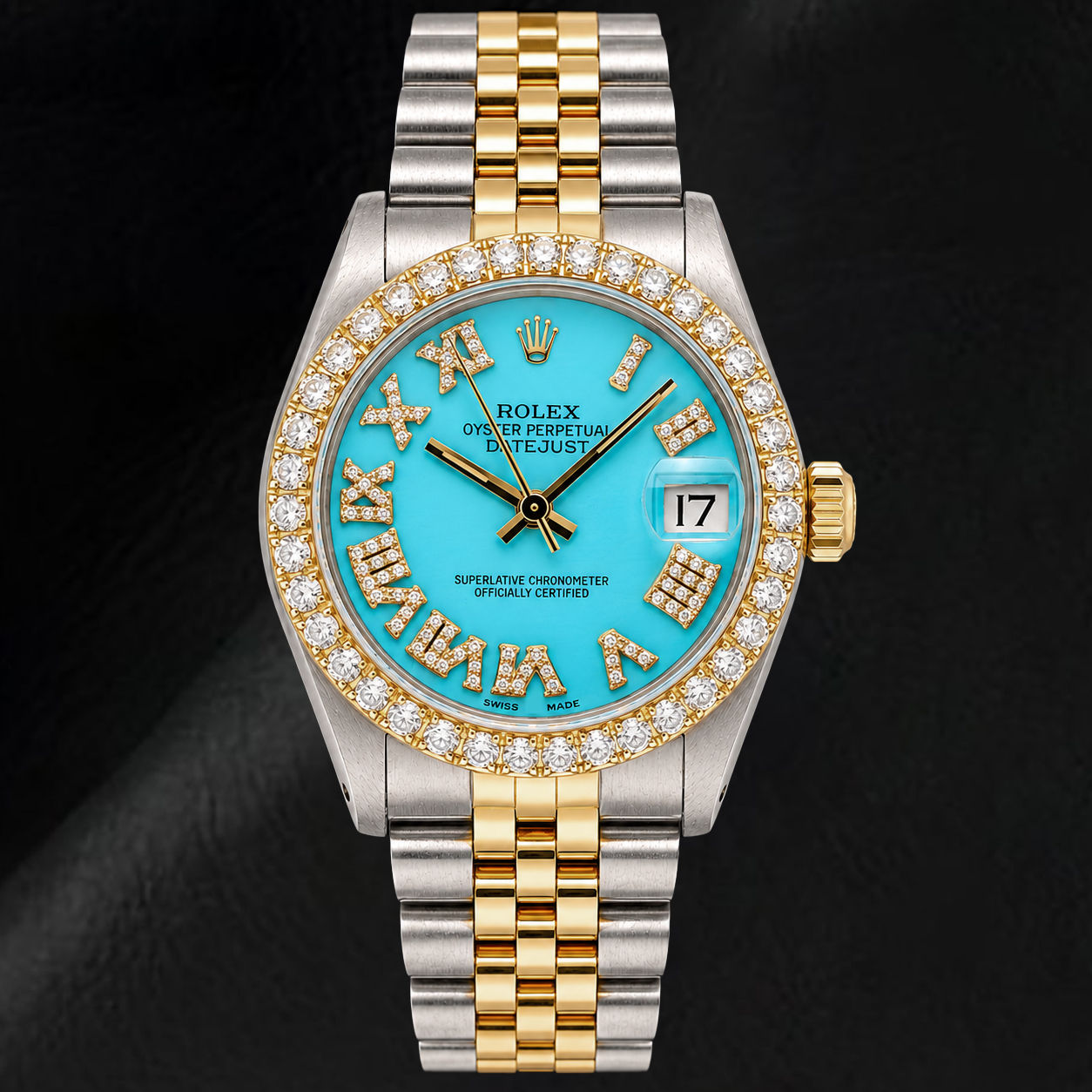 Rolex Datejust 6827 31mm Turquoise Roman Diamond Dial Two Tone Watch