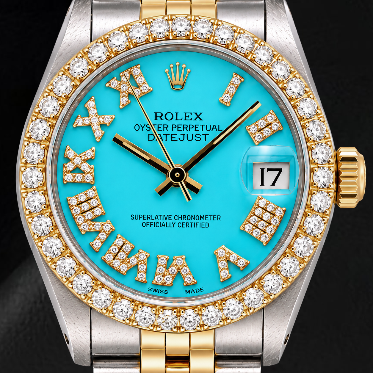 Rolex Datejust 6827 31mm Turquoise Roman Diamond Dial Two Tone Watch