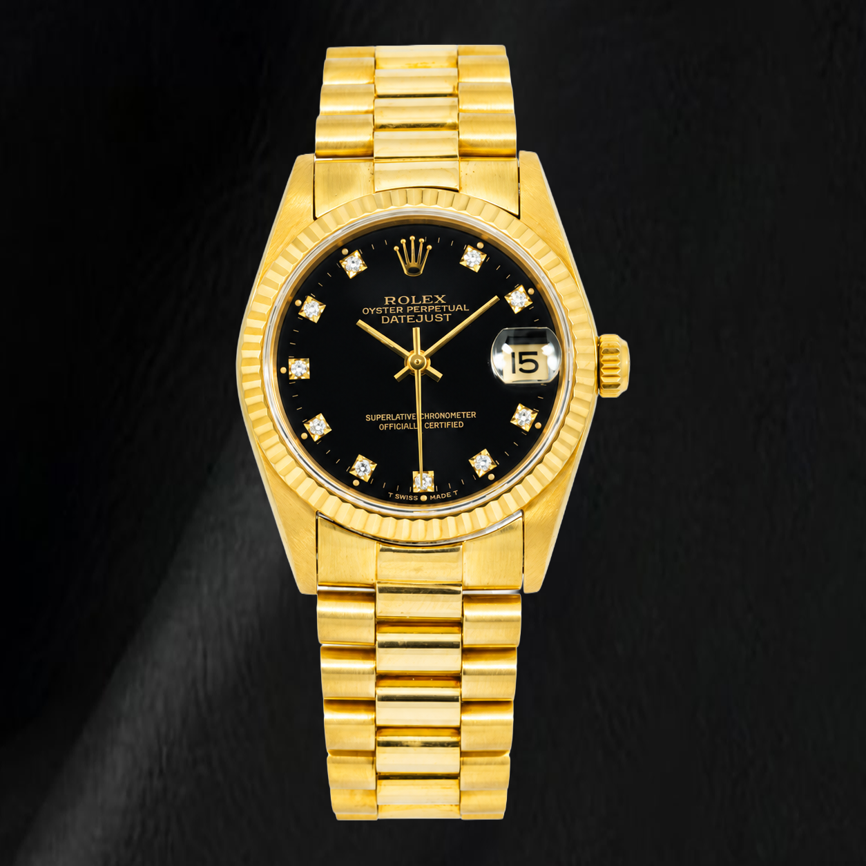 Rolex Datejust 68278 31mm Black Factory Diamond Dial Yellow Gold Watch
