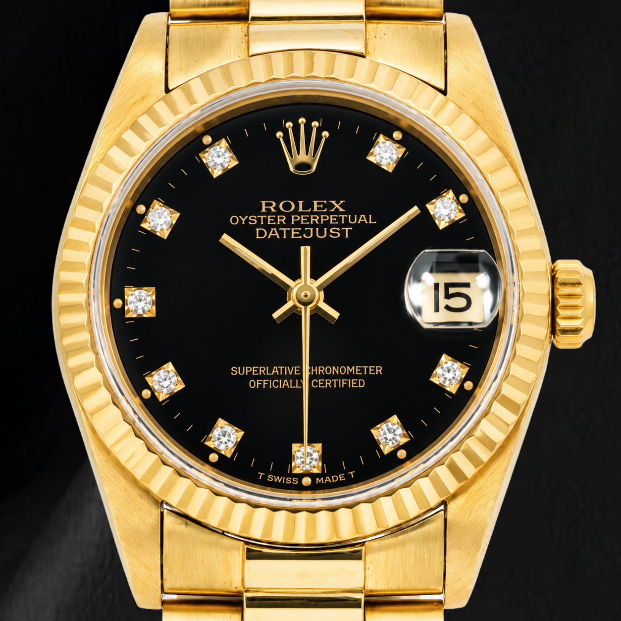 Rolex Datejust 68278 31mm Black Factory Diamond Dial Yellow Gold Watch
