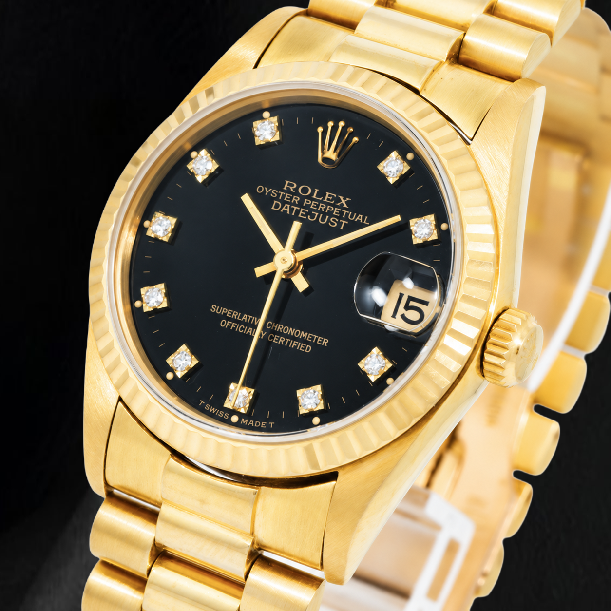 Rolex Datejust 68278 31mm Black Factory Diamond Dial Yellow Gold Watch