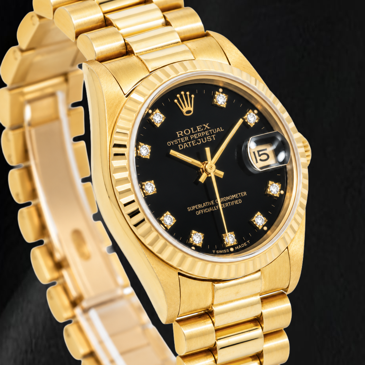 Rolex Datejust 68278 31mm Black Factory Diamond Dial Yellow Gold Watch