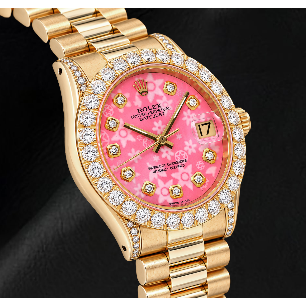 Rolex Datejust 68278 31mm Pink Floral Diamond Dial Yellow Gold Watch
