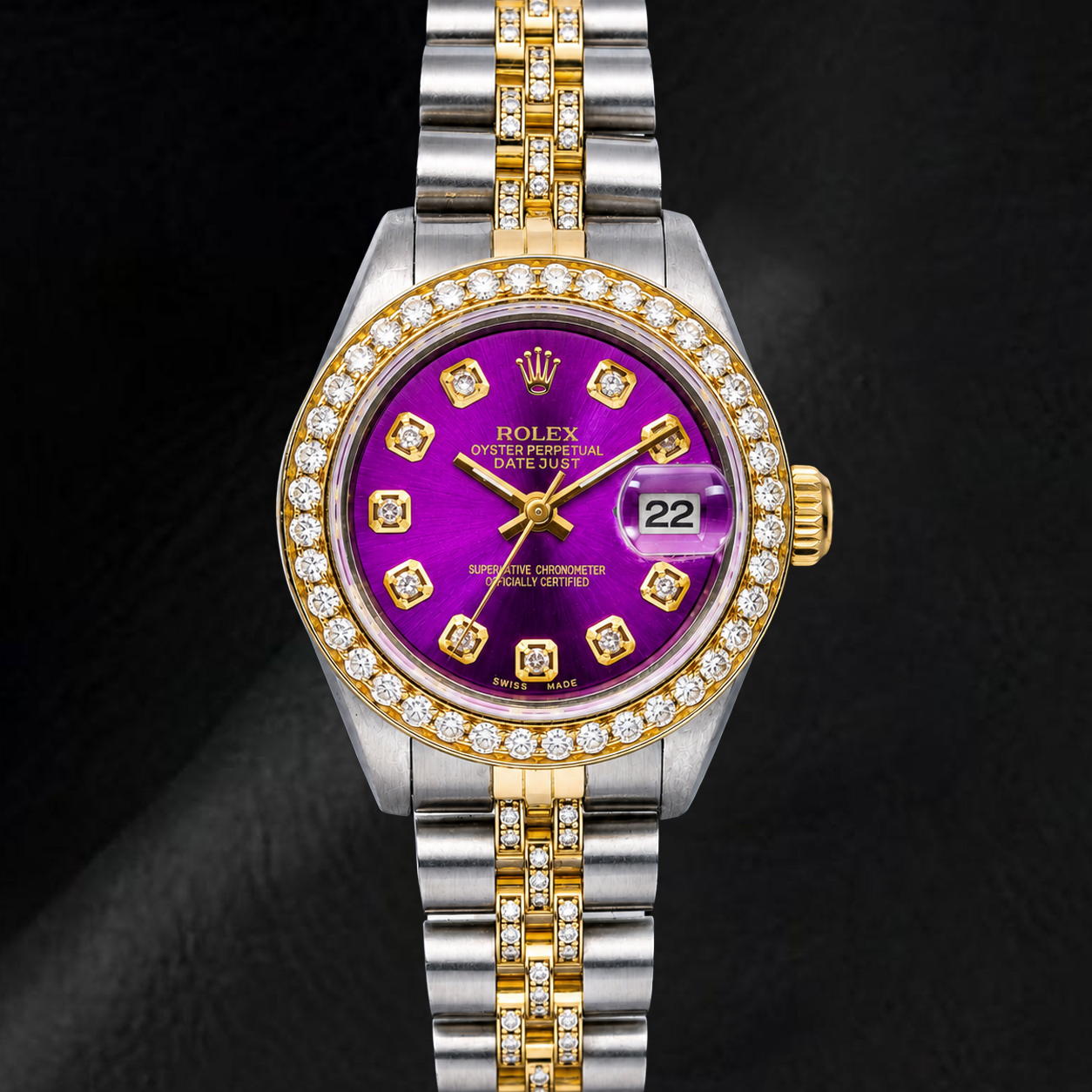 Rolex Datejust 6917 26mm Purple Diamond Dial Two Tone Semi Diamond Jubilee Bracelet Watch