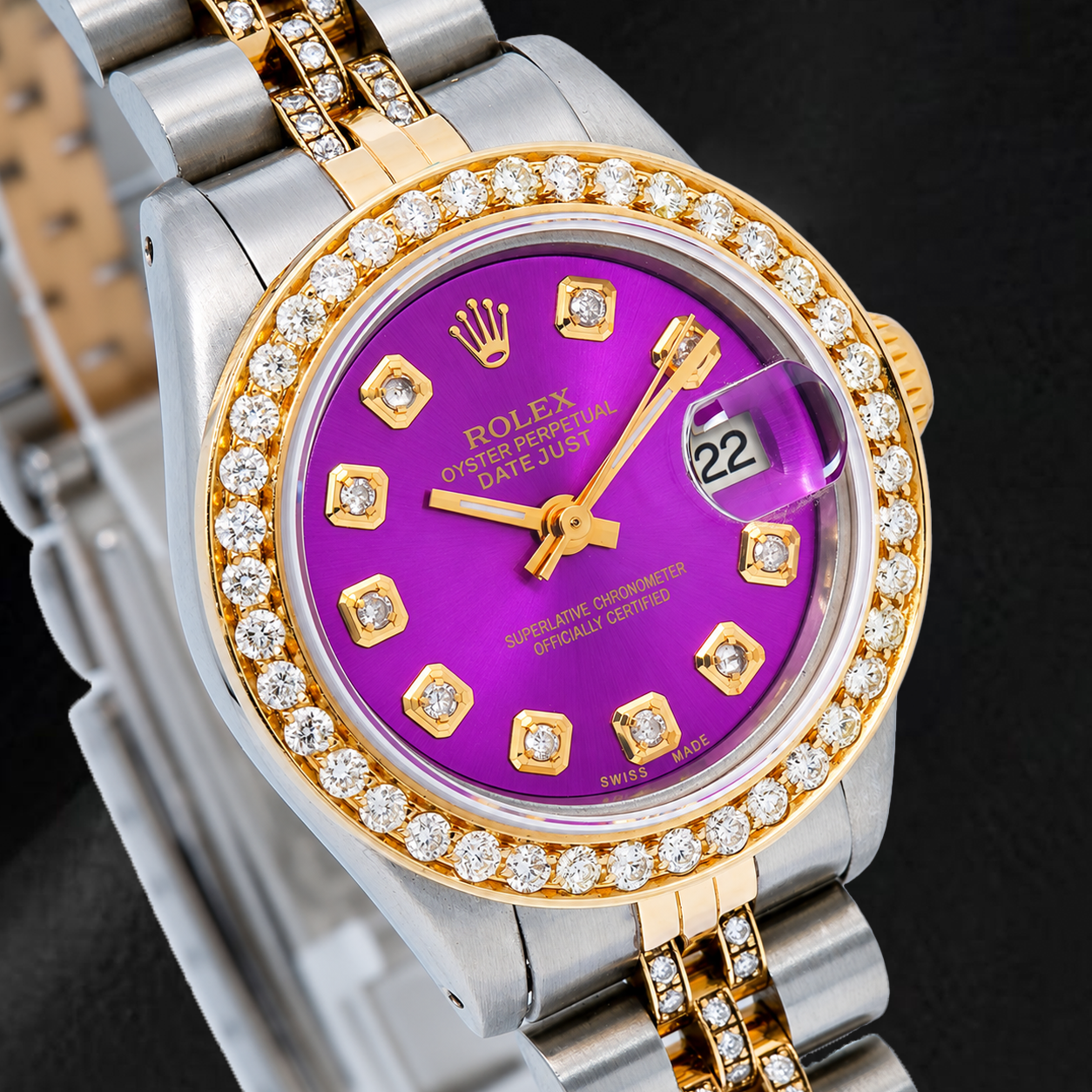 Rolex Datejust 6917 26mm Purple Diamond Dial Two Tone Semi Diamond Jubilee Bracelet Watch