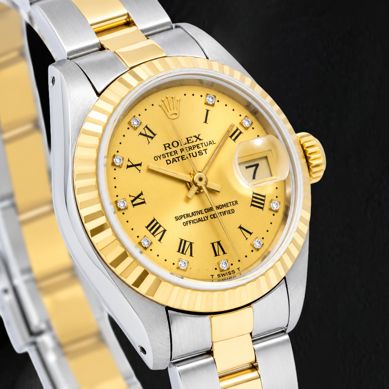 Rolex Datejust 69173 26mm Champagne Roman Factory Diamond Dial Two Tone Oyster Bracelet Watch