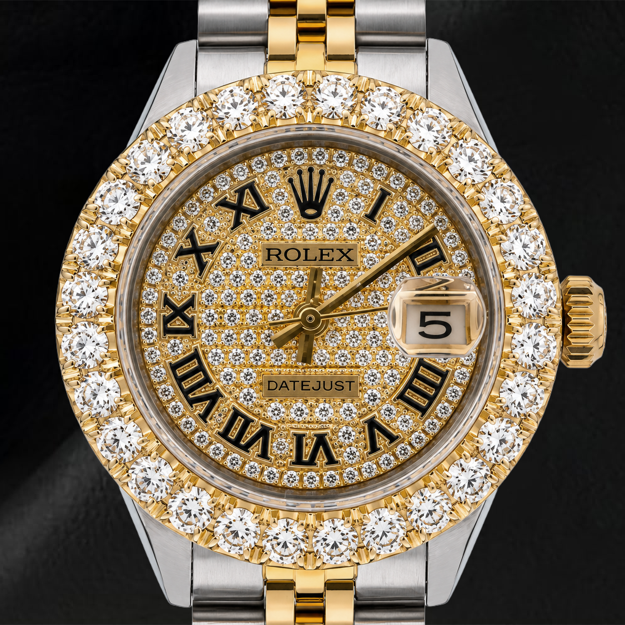 Rolex Datejust 69173 26mm Paved Diamond Roman Dial Two Tone Jubilee Bracelet Watch