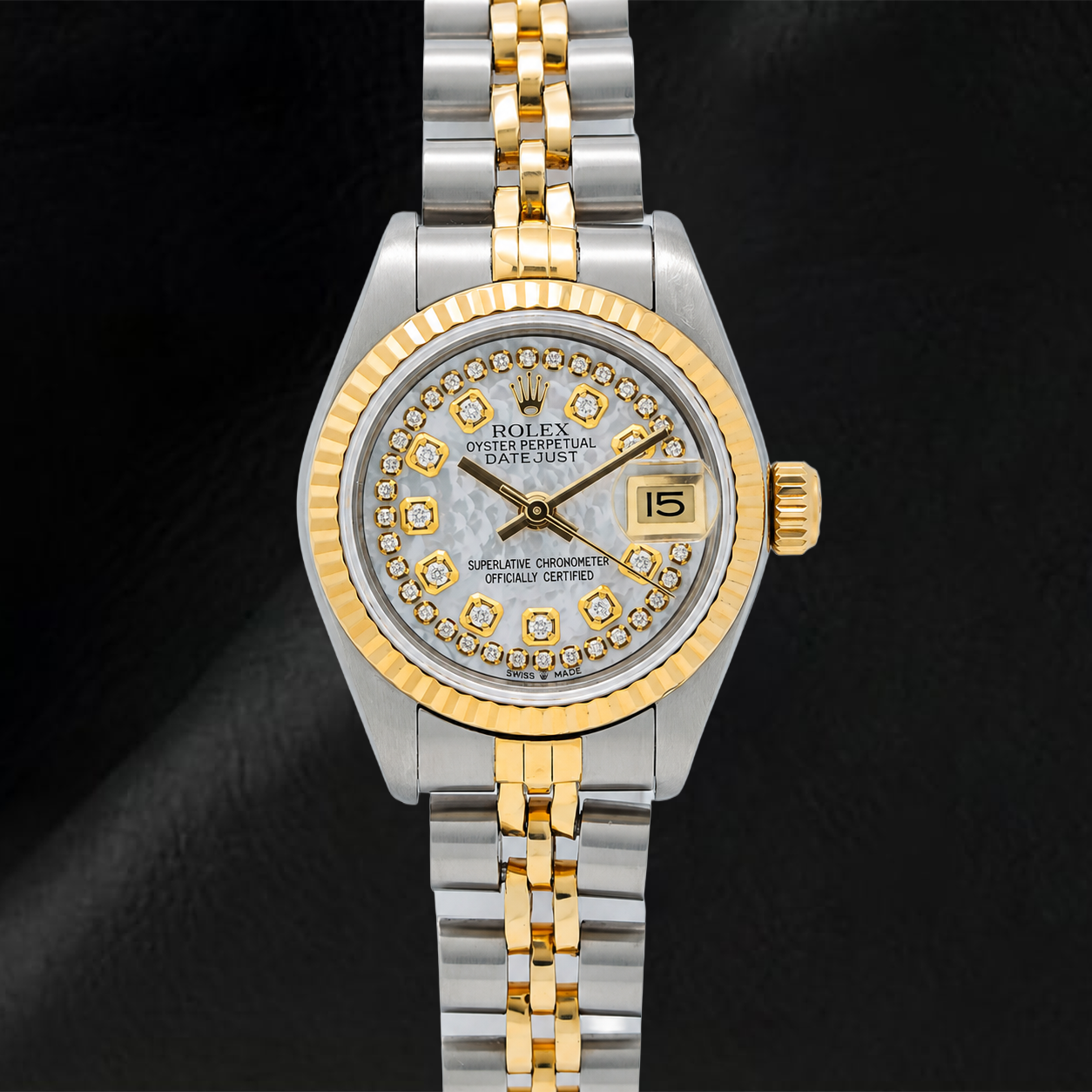 Rolex Datejust 69173 26mm White Mother of Pearl String Diamond Dial Two Tone Jubilee Bracelet Watch