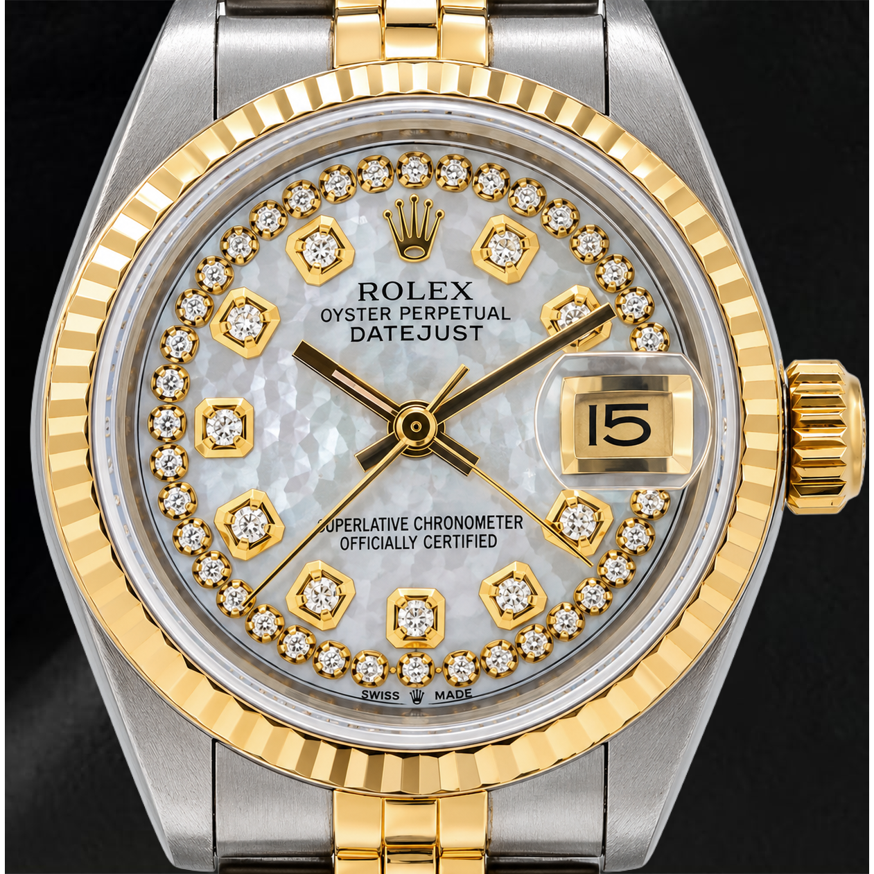 Rolex Datejust 69173 26mm White Mother of Pearl String Diamond Dial Two Tone Jubilee Bracelet Watch