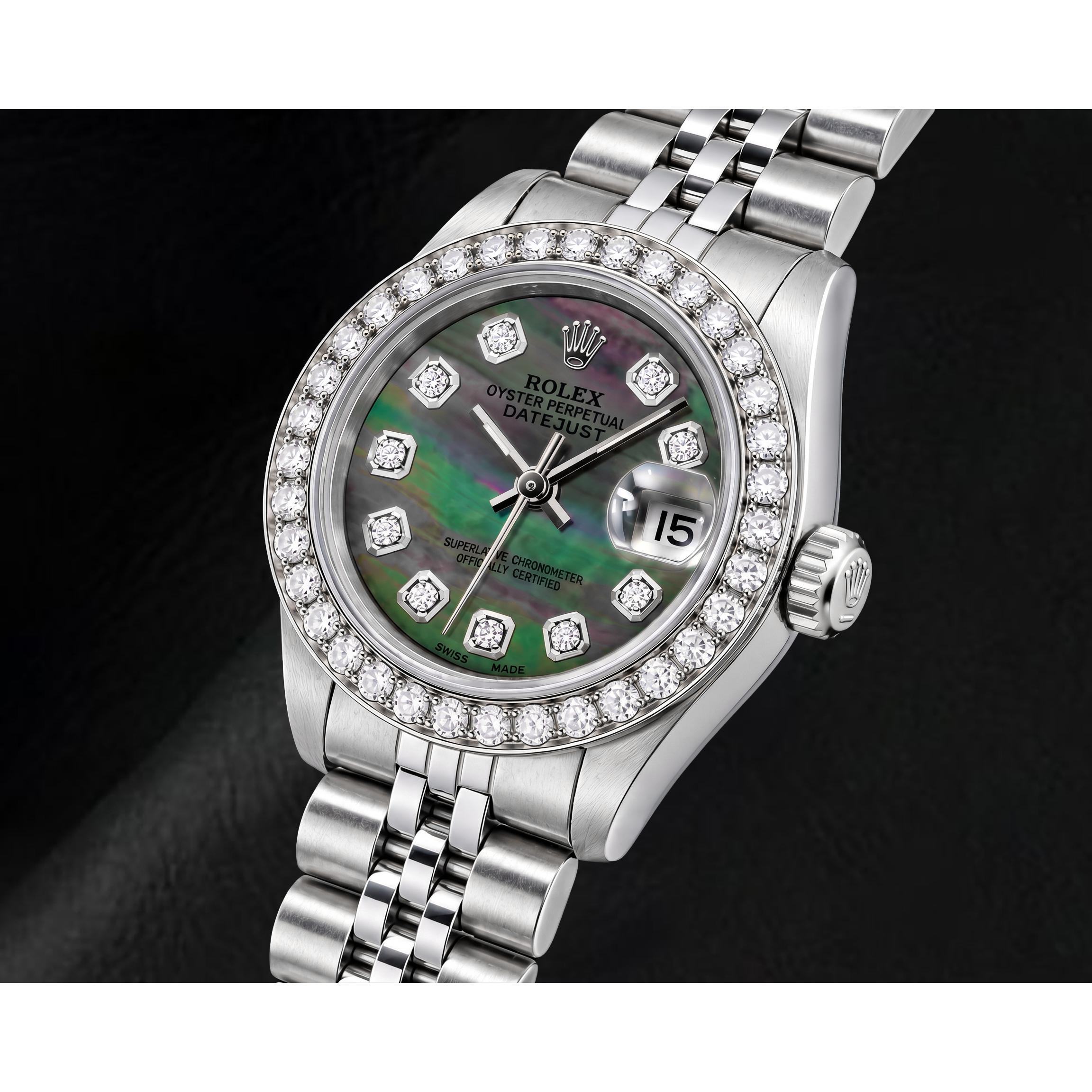 Rolex Datejust 69174 26mm Black Mother of Pearl Diamond Dial Stainless Steel Watch