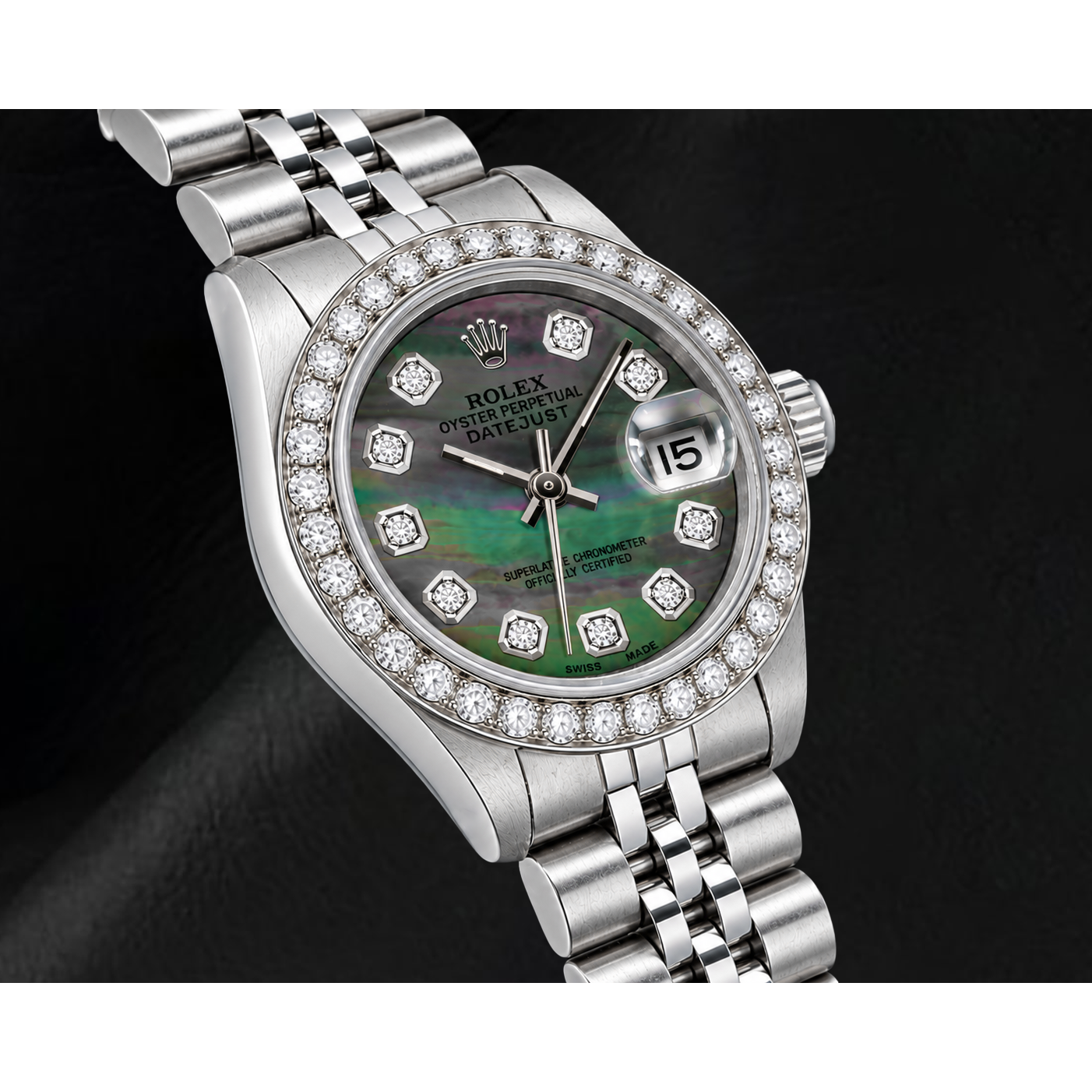 Rolex Datejust 69174 26mm Black Mother of Pearl Diamond Dial Stainless Steel Watch