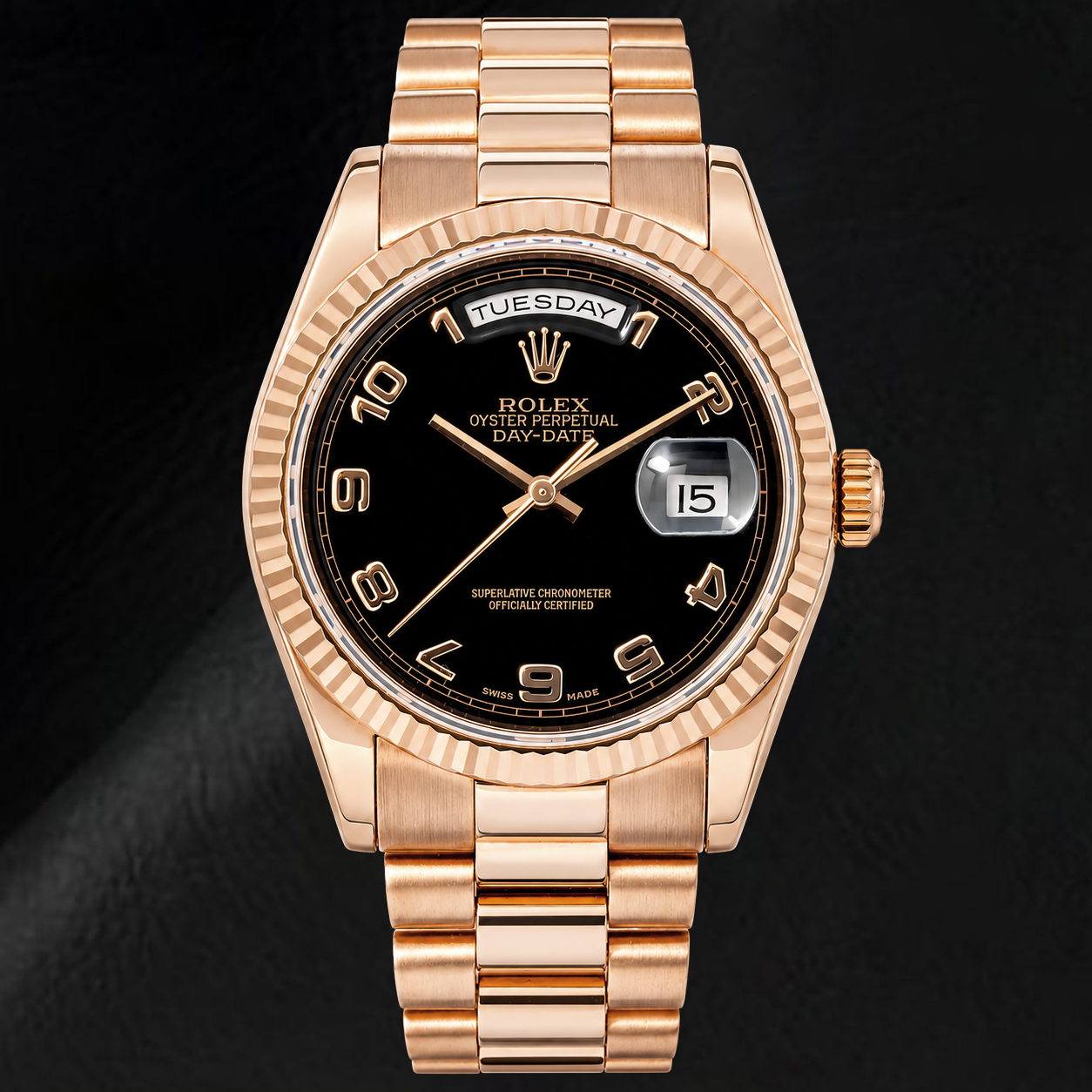 Rolex Day-Date 118235 36mm Black Arabic Dial Rose Gold Watch