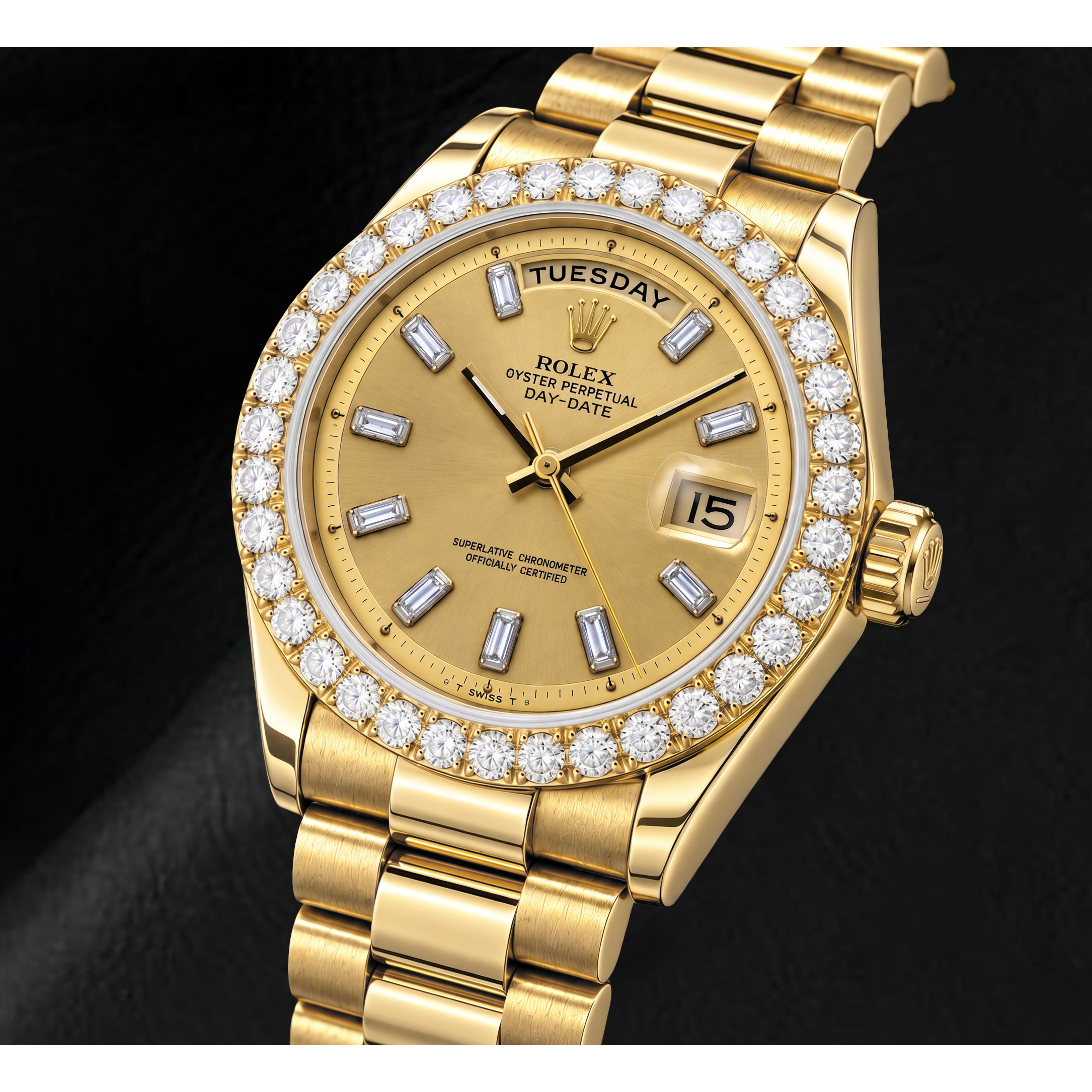 Rolex Day-Date 1803 36mm Champagne Linen Baguette Diamond Dial Yellow Gold Watch