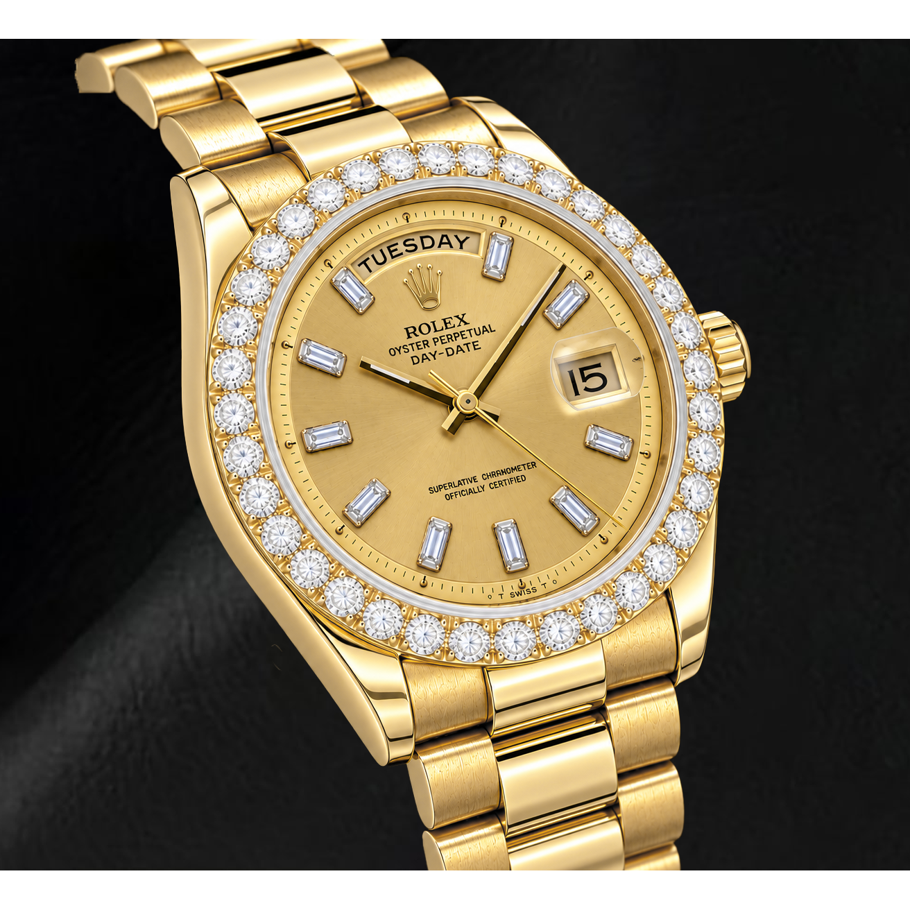 Rolex Day-Date 1803 36mm Champagne Linen Baguette Diamond Dial Yellow Gold Watch
