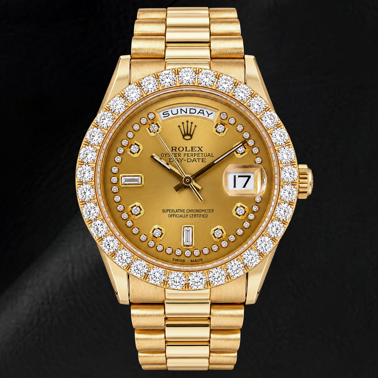 Rolex Day-Date 18038 36mm Champagne String Diamond Dial Yellow Gold Watch