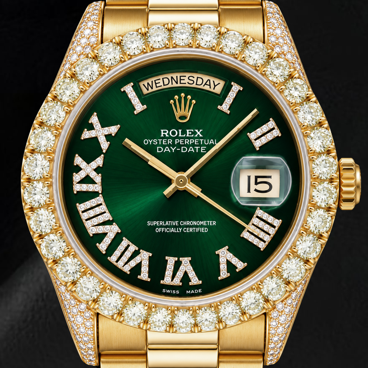 Rolex Day-Date 18038 36mm Green Roman Diamond Dial Yellow Gold Watch