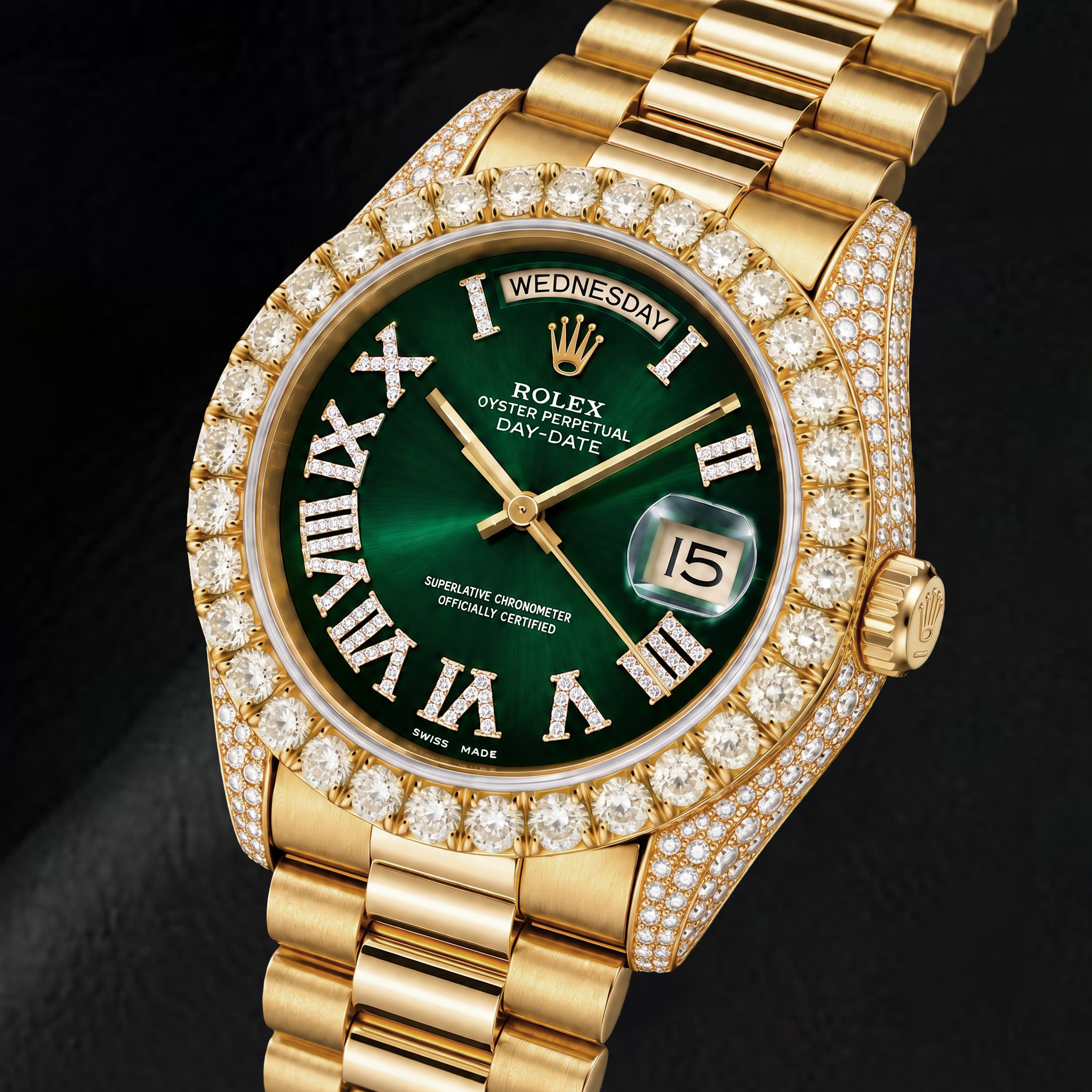 Rolex Day-Date 18038 36mm Green Roman Diamond Dial Yellow Gold Watch