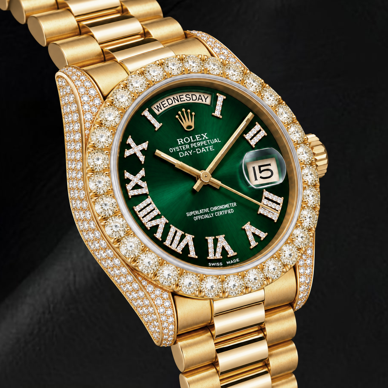 Rolex Day-Date 18038 36mm Green Roman Diamond Dial Yellow Gold Watch