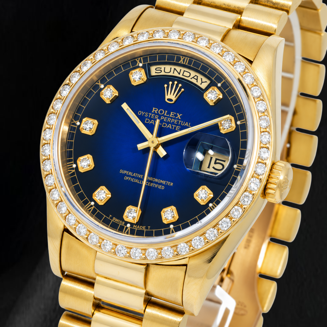 Rolex Day-Date 18238 36mm Blue Diamond Dial Yellow Gold Watch