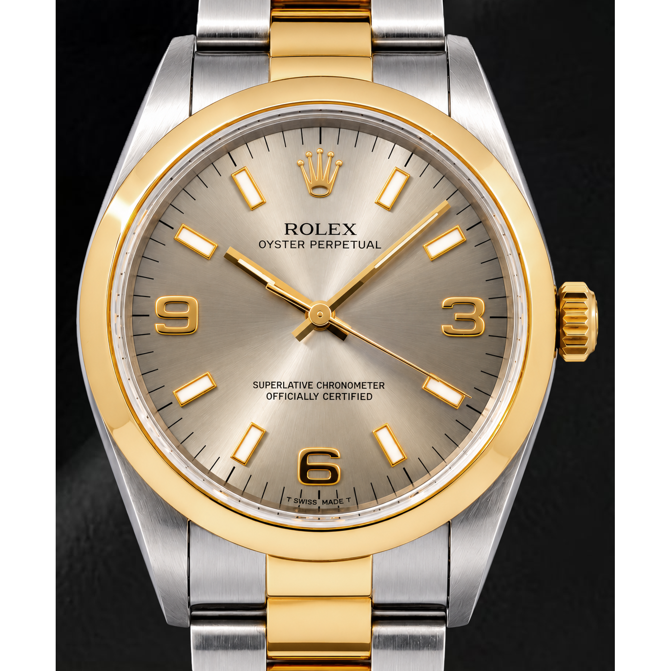 Rolex Oyster Perpetual 14203 34mm Gray Luminous Arabic Dial Two Tone Watch
