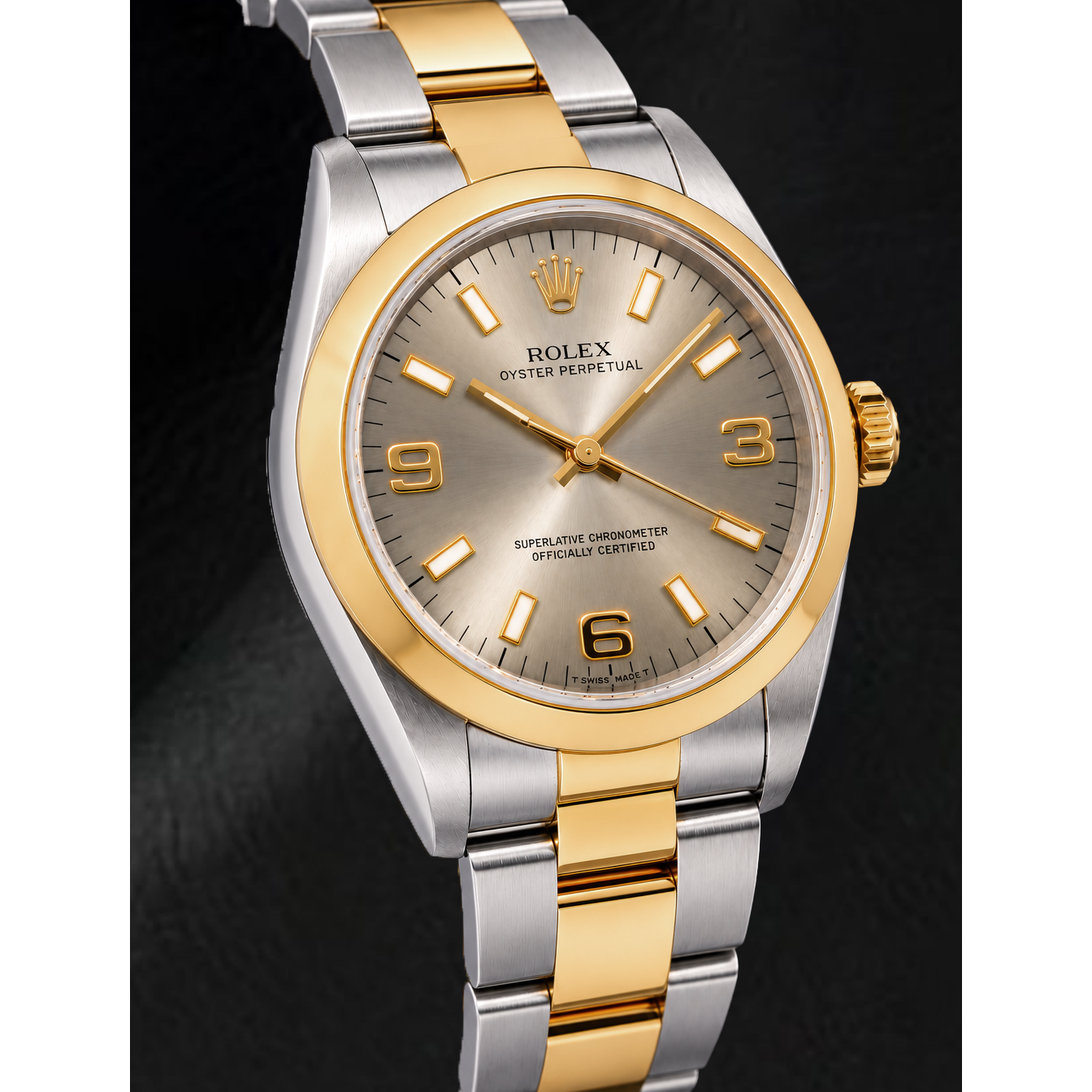 Rolex Oyster Perpetual 14203 34mm Gray Luminous Arabic Dial Two Tone Watch