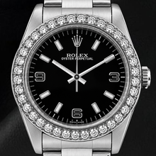 Rolex Oyster Perpetual 26mm 76030 Black Arabic Dial Diamond Bezel Watch