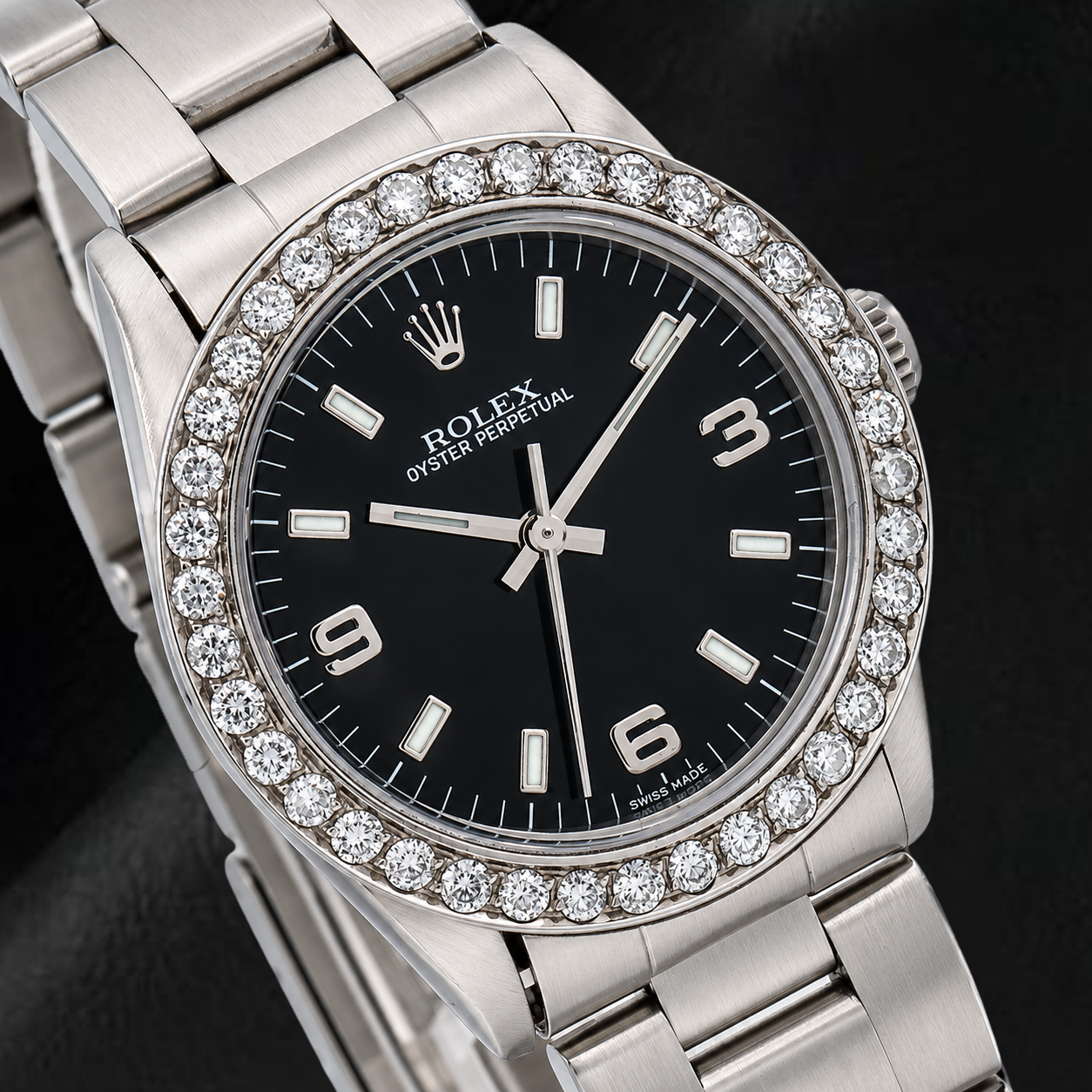Rolex Oyster Perpetual 26mm 76030 Black Arabic Dial Diamond Bezel Watch