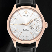 Rolex Oyster Perpetual 50515 39mm Silver Stick Dial Black Leather Strap Rose Gold Watch