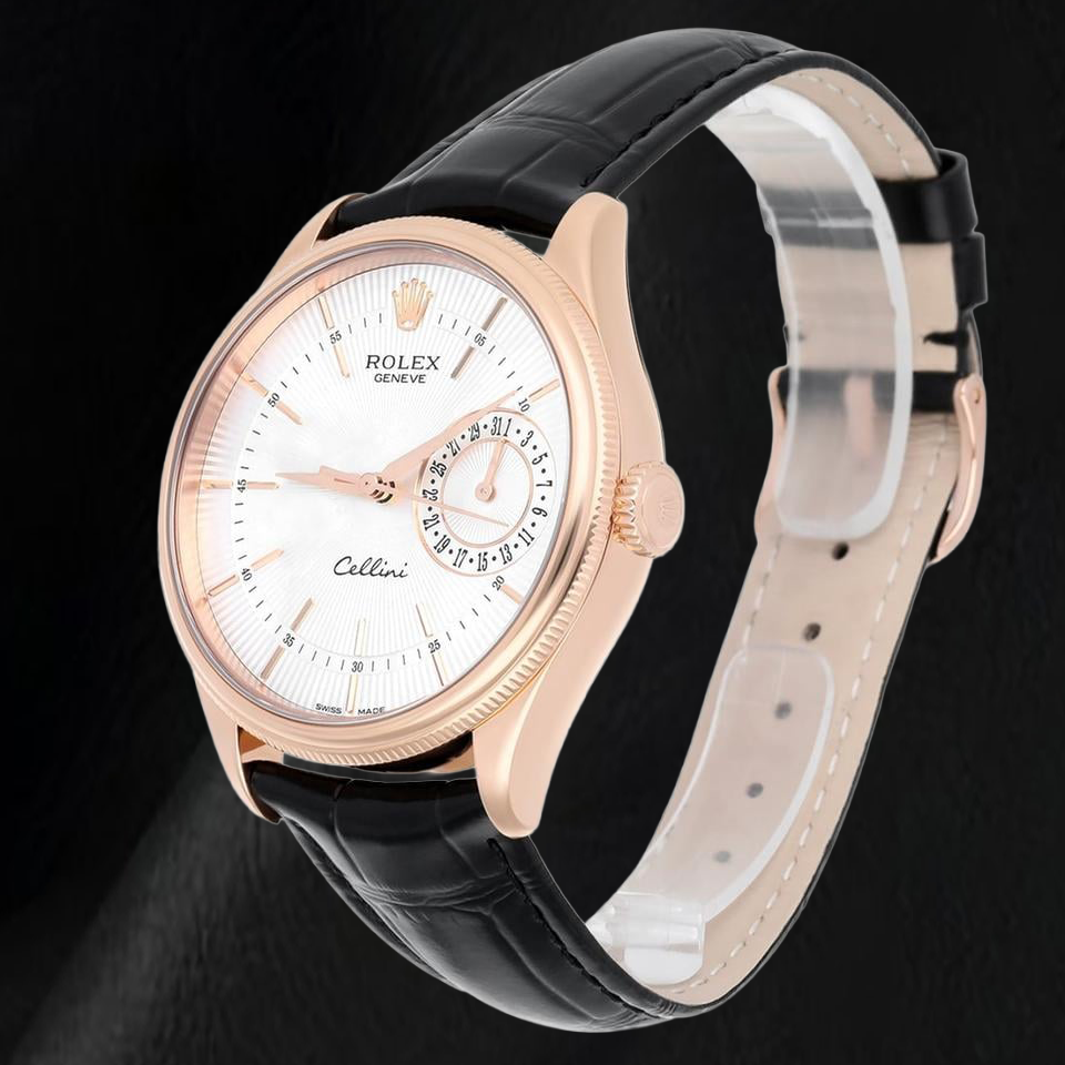 Rolex Oyster Perpetual 50515 39mm Silver Stick Dial Black Leather Strap Rose Gold Watch